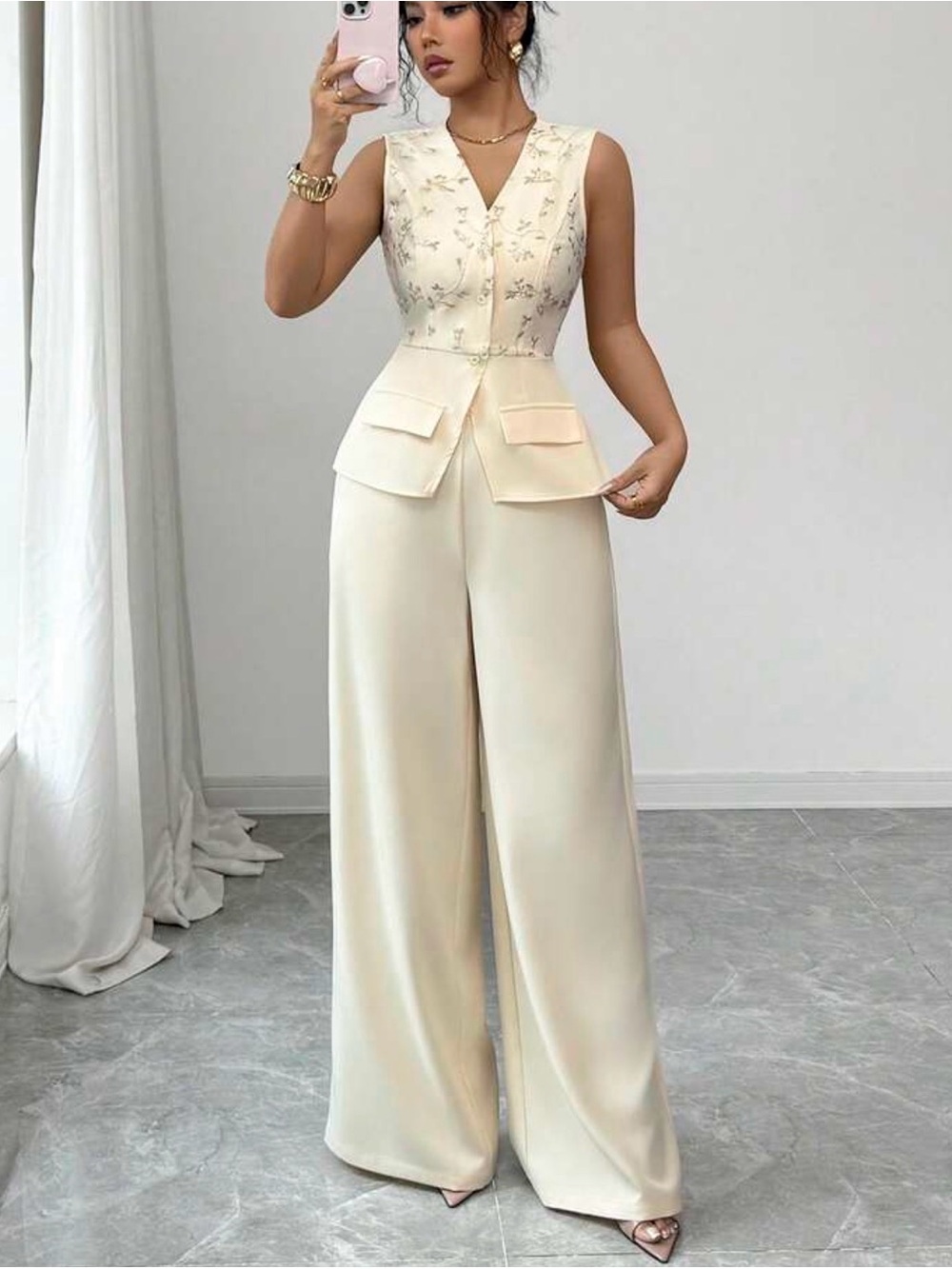 Sleeveless Cream Tailored Jumpsuit with Embroidered Bodice